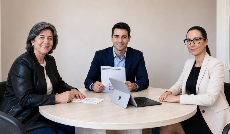 Equipo de profesionales sonriendo en una oficina moderna